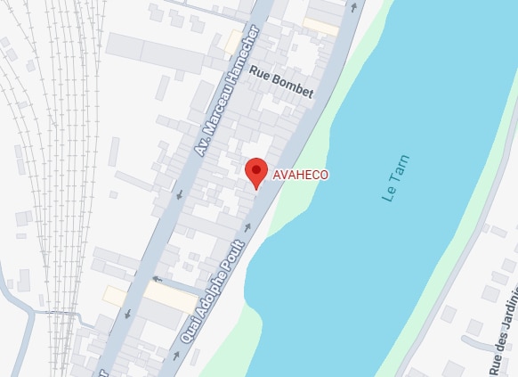 AVAHECO : Plan de localisation et accès près du Tarn Carte de localisation d'AVAHECO entre l'Av. Marceau Hamecher, le Quai Adolphe Poult et la rivière Tarn.